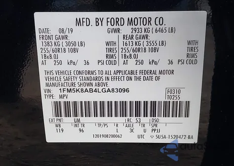 2020 Ford Police Interceptor Police Interceptor из США, поврежденный, VIN 1FM5K8AB4LGA83096